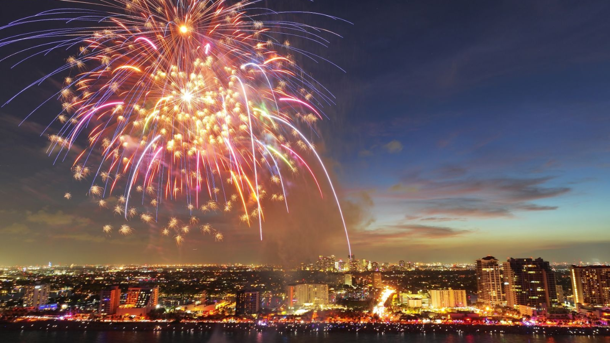 Fireworks over American city for 4th of July