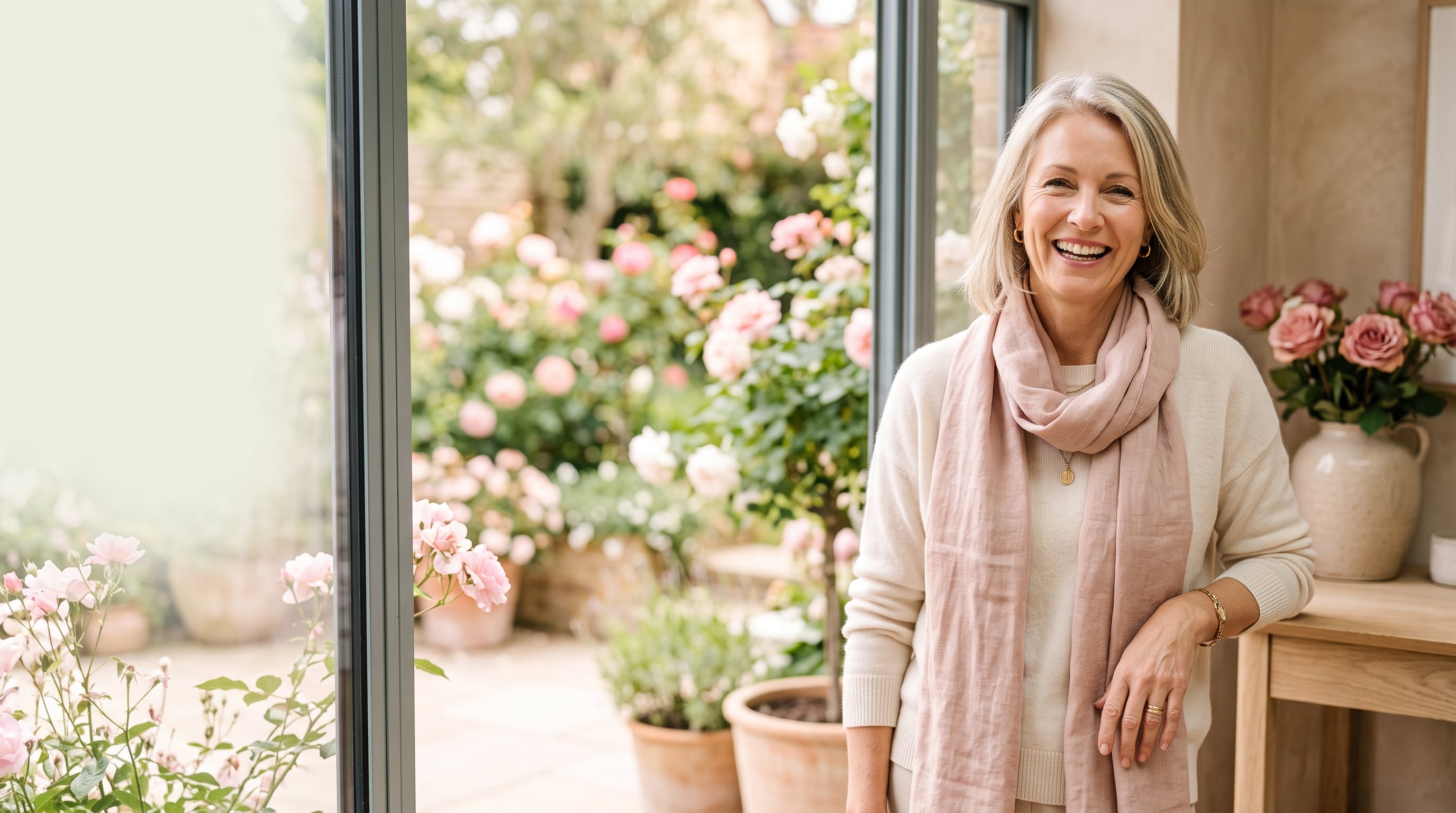 Confident happy woman in her fifties in a bright airy setting